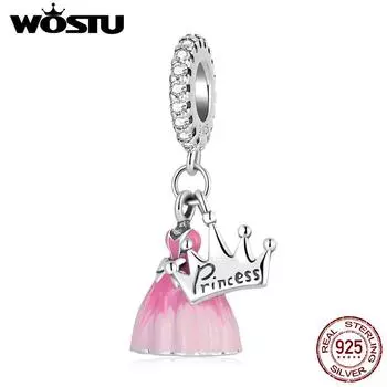 WOSTU Стерлингового Серебра 925 Розовое Платье Корона Принцессы Шарм Подвеска Из Бисера Подходит Оригинальный Браслет Ожерелье Для Женщин Ювелирные Изделия 925 silver