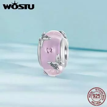 WOSTU Стерлингового Серебра 925 Розовые Стеклянные Бусины Прозрачная Бабочка Шарм Подходит Для Женщин Оригинальные Браслеты DIY Ювелирные Изделия 925 silver