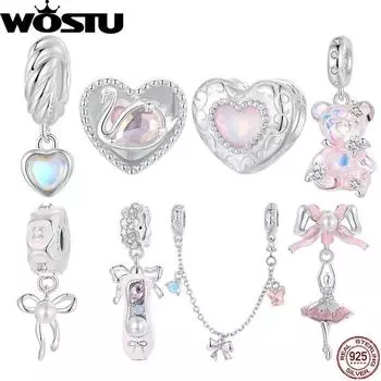 WOSTU Стерлингового Серебра 925 Розовый Балетная Девушка Очаровательный Лук Защитная Цепочка Мечтательное Сердце Бусина Подходит Оригинальный Браслет DIY Сказки Подарок SCC2755