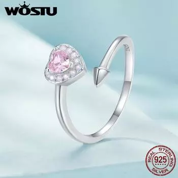WOSTU Стерлингового Серебра 925 Розовый CZ Амур Сердце Открытие Кольца Женщины Штабелируемые Кольца Обручальные Ювелирные Изделия Партии Прекрасный Подарок Для Нее 925 silver