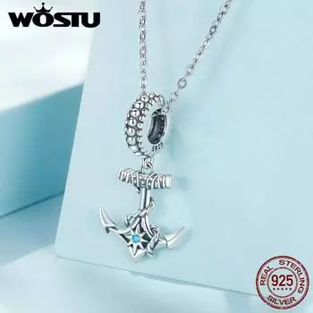 WOSTU Стерлингового Серебра 925 Синий Циркон Звездный Корабль Якорь Подвески из Бисера для Женщин Оригинальный Браслет Ожерелье DIY Ювелирные Изделия 925 silver