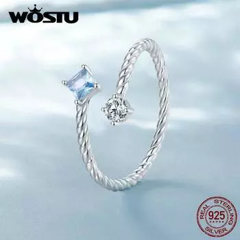 WOSTU Стерлингового Серебра 925 Синий Витой Кольцо Бриллиантовый Циркон Открытое Кольцо для Женщин Модные Ювелирные Изделия 925 silver