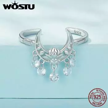 WOSTU Стерлингового Серебра 925 Уникальные Открытые Кольца Луны Лотоса Женщины Блестящий CZ Кисточкой Регулируемое Кольцо Аксессуары Для Вечеринки Ювелирные Изделия На День Рождения