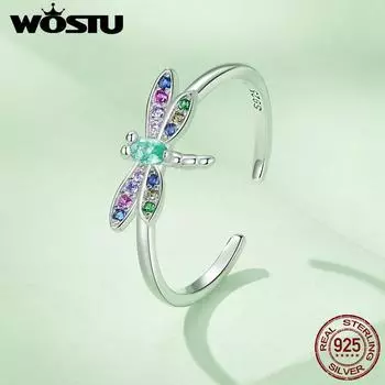 WOSTU Стерлингового Серебра 925 Весенние Ювелирные Изделия Стрекоза Многоцветные Открытые Кольца CZ Женское Эмалированное Кольцо Бабочка Подарок На День Рождения 925 silver