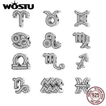 WOSTU Стерлингового Серебра 925 Винтаж 12 Бусины Созвездия Зодиака Оригинальный Циркон Овен Весы Подвески Подходит DIY Браслет Ожерелье Подарок Aries