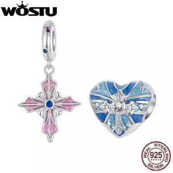 WOSTU Стерлингового Серебра 925 Винтаж Синий Красный Крест Подвеска Сердце Циркон Бусина Подходит Оригинальный Браслет DIY Ожерелье Ювелирные Изделия Подарок