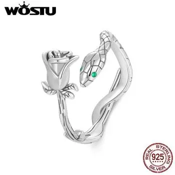 WOSTU Стерлингового Серебра 925 Винтажное Открытое Кольцо Змеи Оксидированное Кольцо Розы CZ Оригинальное Для Женщин Романтическое Панк Ювелирное Подарок SCR1041-E