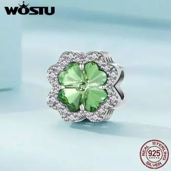 WOSTU Стерлингового Серебра 925 Зеленый Четырехлистный Клевер Шарм Блестящие Цирконовые Бусины Подходит Оригинальный Браслет DIY Ожерелье Изготовление Ювелирных Изделий 925 silver