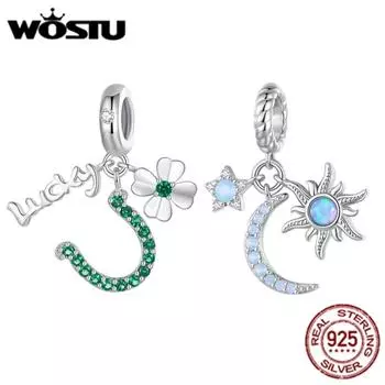 WOSTU Стерлингового Серебра 925 Зеленый Циркон Lucky Четырехлистная Подкова Подвески Подвески и Подвески Голубая Луна Звезда Солнце для Женщин Браслет Ожерелье DIY B