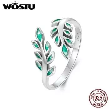 WOSTU твердое серебро 925 пробы природа зеленый лист открывающееся кольцо для женщин ручной работы штабелируемые вечерние кольца с растениями ювелирные изделия подарок BSR542-E