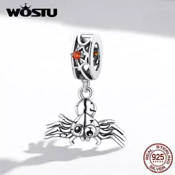 WOSTU Волшебный Хэллоуин Красный Циркон Непослушный Маленький Паук Стерлингового Серебра 925 пробы Подвеска-Подвеска подходит Браслет Изящные Ювелирные Изделия 925 silver