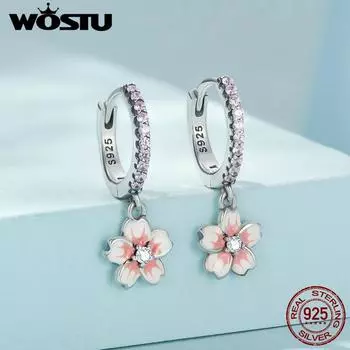 WOSTU винтажные серьги-кольца с цветочным кристаллом, женские серьги-кольца из стерлингового серебра 925 пробы с розовыми вишнями, свадебные массивные серьги 925 silver