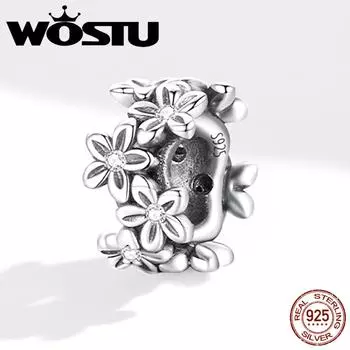 WOSTU винтажный изысканный маленький цветочный узор из стерлингового серебра 925 пробы, бусина-прокладка, подходящая для браслета, ювелирные украшения 925 silver