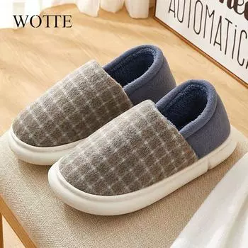 WOTTE Men Winter Slippers Home Shoes Ladies Warm Plush Indoor Casual Flats Couple Shoe Comfort New Female Footwear Plus Size 36-37 зелёный
