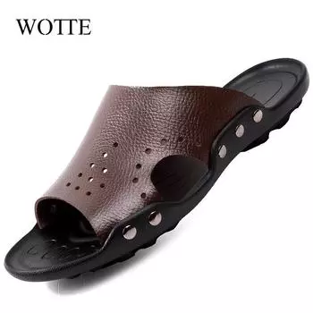 WOTTE Summer Men Slippers Beach Leather Slippers Outdoor Walking Footwear Men Flats Shoes Hombre Sandalias Black Big Size 36~47 5.5 чёрный