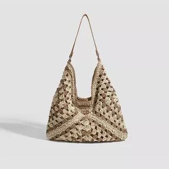Woven Bag Seaside Straw Hollow Bag Square Flower Triangle Color Contrast Woven Shoulder Tote Handbag хаки