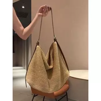 Woven Bag Women s 2025 Summer New Arrival Super Popular Work Clothing Niche Style Fancy Straw Shoulder Messenger Bag Tote Bag Kakh