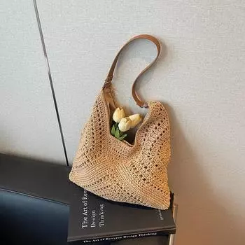 Woven bag women s new popular beach vacation shoulder bag large capacity tote bag straw bag хаки