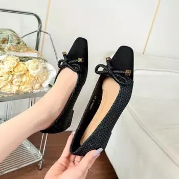 Woven bow invisible inner height increase single shoes women, high quality shallow mouth autumn women s shoes commuting versatile thick sole 35