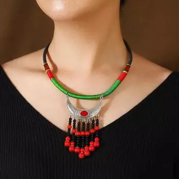 Woven collar tassel short neck chain retro Yunnan Miao collarbone necklace stage performance accessories women