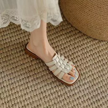 Woven cool slippers women s summer new open-toed casual flat-heeled sandals beach word 35