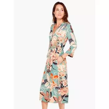 Woven Cotton 3/4 Sleeve Fashion Pocket Casual Dress Hand-painted green flower color (deep in kind) M