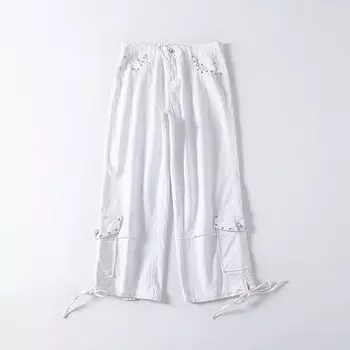Woven Cotton Casual Diamond-Embedded Straight-leg Spring and Summer Multi-Bag Middle Pants Milky White us8