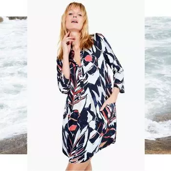 Woven Cotton Elastic Printed 3/4 Sleeves Shirt Dress 24 Spring and Summer with Pockets Casual Skirt Fashion Plus Size Female Slim Looking Retro Print Dress XS