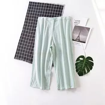 Woven Cotton Pocket High Waist Casual Vertical Stripes Chubby Girl Middle Pants Green vertical stripe M