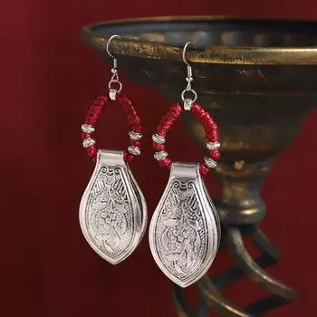 Woven earrings exaggerated Miao silver engraved earrings exotic retro style horse dress long earrings