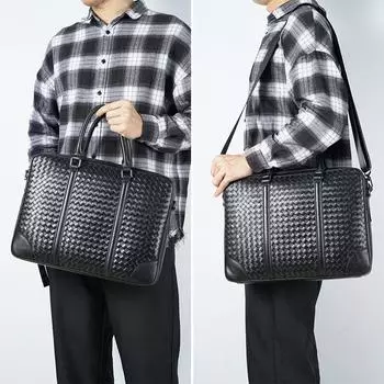 Мужская сумка из плетеной натуральной кожи, модная, деловая, через плечо, для деловых поездок, большая вместительная сумка, портфель для компьютера чёрный