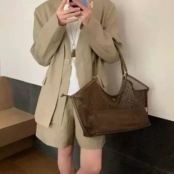 Woven Hollow Mesh Wing Tote Bag Casual Beach Shoulder Bag Simple Large Capacity Net Handbag Travel