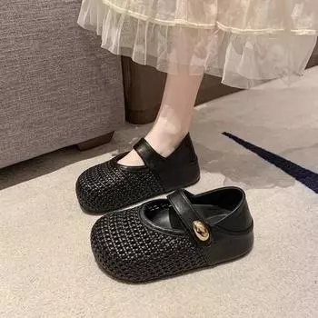 Woven hollow shallow mouth single shoes women s summer new flat bottom inner heightening hole shoes with skirt casual women s shoes 35