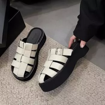 Woven hollow thick-bottomed cool slippers women s new summer lazy versatile outer wear bag head half drag 35