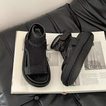 Woven Hollow Velcro Sandals Niche Outwear Fashion Mesh Casual Breathable Open-toed Sandals 35