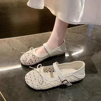 Woven hollowed-out word belt Mary Jane single shoes women s summer flat-bottomed breathable two wear bow-tie ballet sandals 35