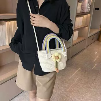 Тканая вместительная модная женская сумка с цветочным декором 2024 года, летняя новая сумка-мессенджер в иностранном стиле, сумка-ведро