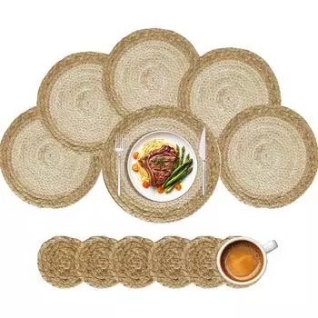 Набор из 6 круглых плетеных салфеток из камыша, 30 см, нескользящая плетеная подложка в стиле бохо, жаростойкая, для декора обеденного стола 6pc Mats 6pc Coaster