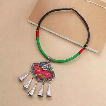 Woven retro peony embroidered collar women s short simple necklace bell fringed neck chain stage jewelry