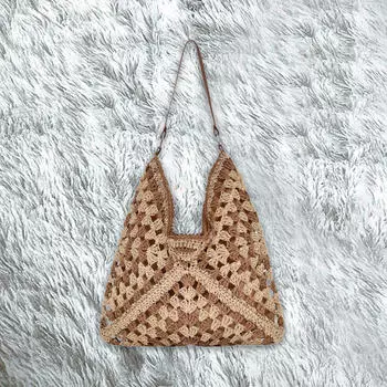Woven Shoulder Bag ,Casual Summer Beach Tote for ,Women, Girls, Travel Work Khaki Beige