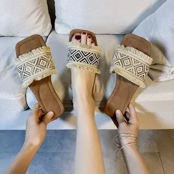 Woven Slippers Women Summer Outside Wear Fashion 2024 New Fringe Out Flat Flat Flip-flops Large Size 35 To 43 35