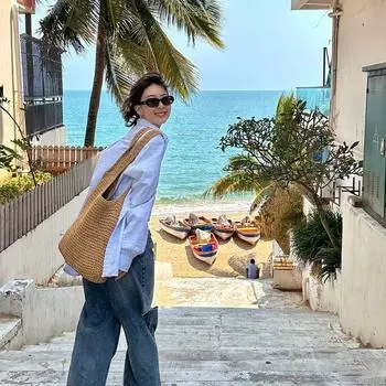 Woven Straw Bag Women Summer Shoulder Bag Large Capacity Woven Bag Lazy Canvas Bag Versitile Fashion Ins Style Khaki
