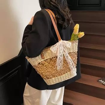 Woven Straw Large-Capacity Bag Women S Summer Versatile Shoulder Bag Seaside Beach Commuter Tote Bag хаки