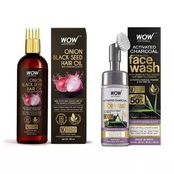 WOW Skin Science Масло для волос с луком и черным тмином Аппликатор-расческа 100 мл + пенка для умывания с углем 150 мл