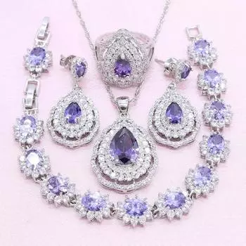 WPAITKYS комплекты свадебных украшений, женские серьги с фиолетовым камнем и серебряным цветом, кольцо, ожерелье, браслет, свадебные украшения 6 фиолетовый