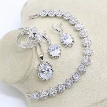 WPAITKYS Новое поступление, белый комплект ювелирных изделий для женщин, серебряный цвет, браслет, серьги, ожерелье, кулон, кольцо 6 белый