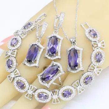 WPAITKYS Новые поступления Свадебные комплекты ювелирных изделий женские серьги фиолетового цвета с кристаллами серебряного цвета, кольцо, ожерелье, браслет 6 фиолетовый