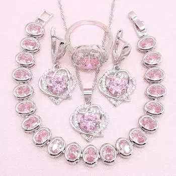 WPAITKYS розовый камень свадебные комплекты ювелирных изделий для женщин серебряные серьги кольцо ожерелье браслет Рождественский подарок 6 розовый