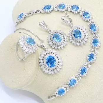 WPAITKYS Светло-Голубой Циркон Серебристый Цвет Ювелирные Наборы Для Женщин Свадебные Серьги Кольцо Ожерелье Браслет 6 синий