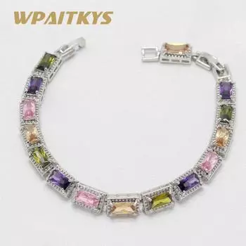 WPAITKYSGeometric Silver Color Link Браслеты-цепочки для женщин Ювелирные изделия с синим цирконом разноцветный